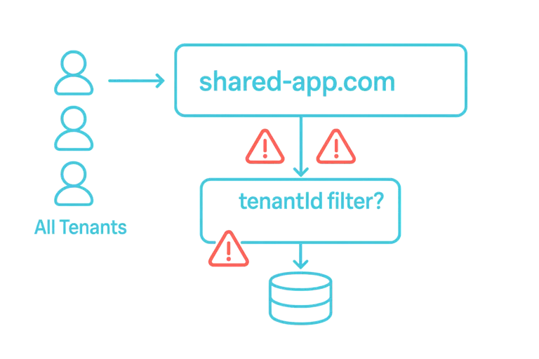 Monolith architecture diagram showing data flow from all clients through shared-app.com to application code with tenantId filtering to database