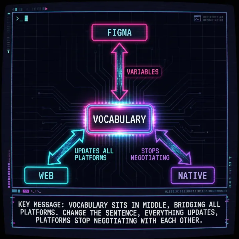 The Vocabulary Bridge: Figma, Web, and Native all connect through a shared Vocabulary layer